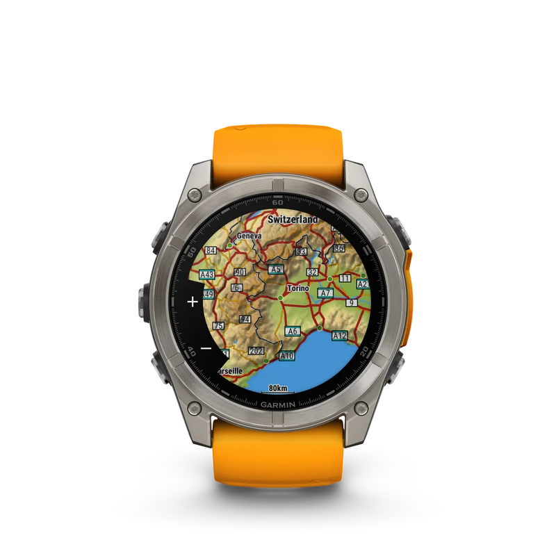 Montre GPS Garmin Fénix 8 AMOLED - 51 mm Sapphire Titane avec Bracelet en Silicone Orange Graphite