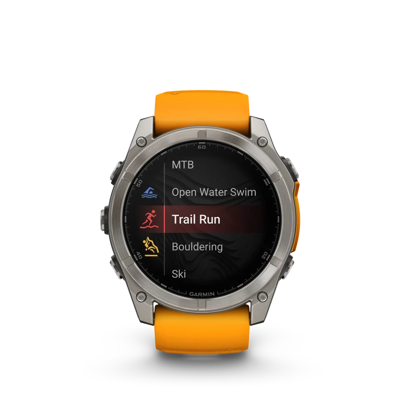 Montre GPS Garmin Fénix 8 AMOLED - 51 mm Sapphire Titane avec Bracelet en Silicone Orange Graphite