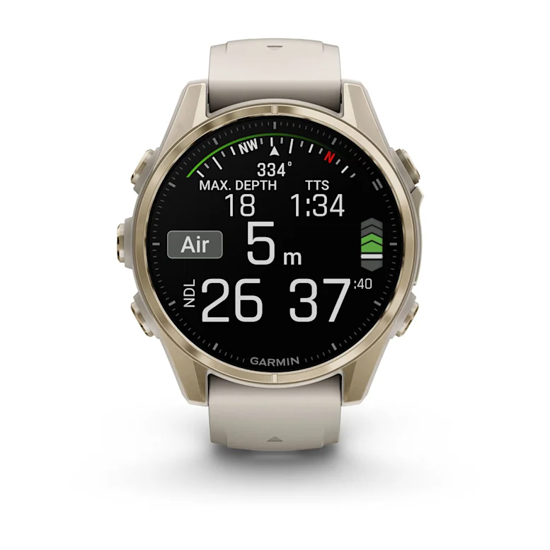 Montre GPS Garmin Fénix 8 AMOLED - 43 mm Sapphire Titane Soft Gold avec Bracelet en Silicone Gris Beige