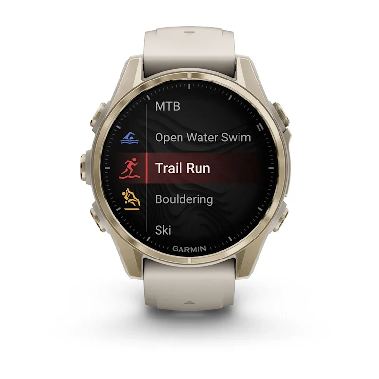 Montre GPS Garmin Fénix 8 AMOLED - 43 mm Sapphire Titane Soft Gold avec Bracelet en Silicone Gris Beige