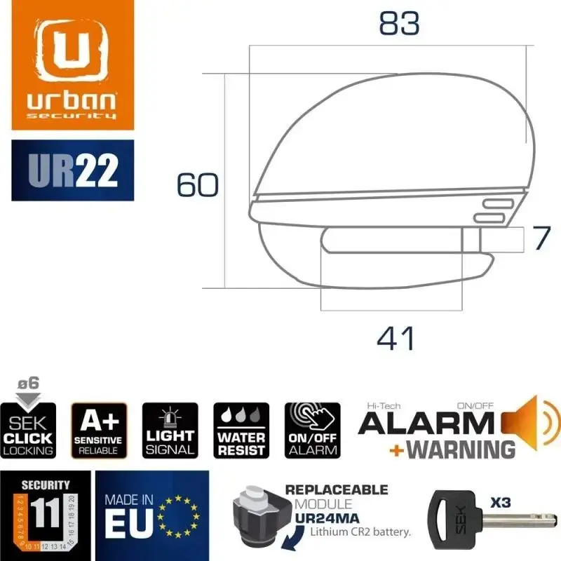 Antivol scooter Bloque Disque ø6 mm avec ALARME - URBAN